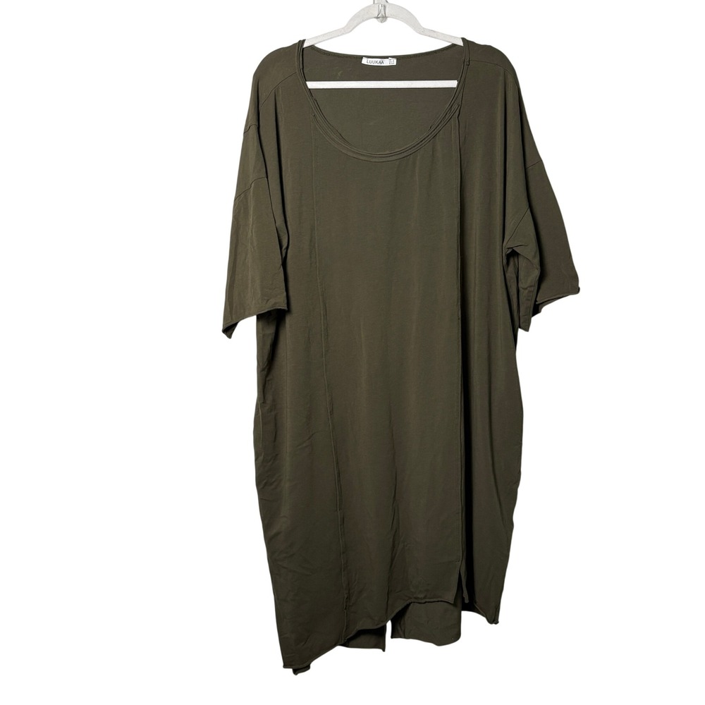 LUUKAA Tunic Dress Womens 14 Green Khaki Lagenlook Asymmetric Hem Pockets Luka